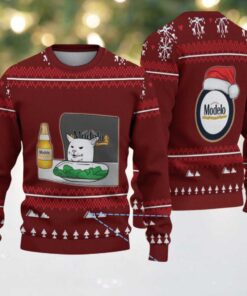 Maroon Christmas Tree Pattern “Modelo Beer Cat Meme & Santa Hat” Ugly Sweater