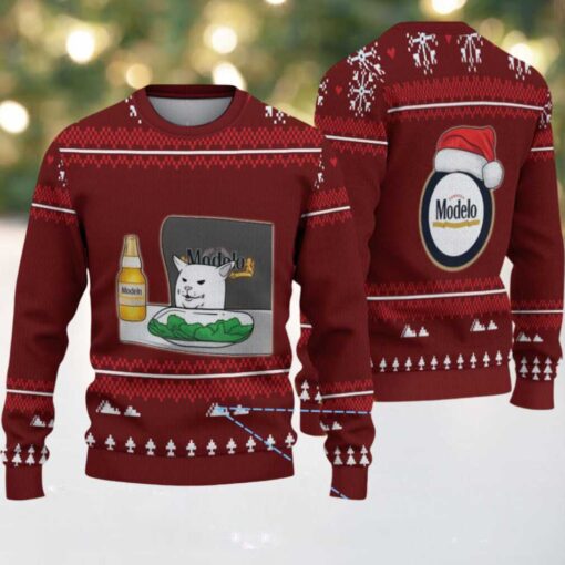 Maroon Christmas Tree Pattern “Modelo Beer Cat Meme & Santa Hat” Ugly Sweater
