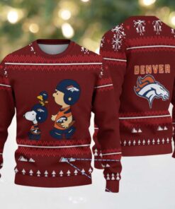 Maroon Denver Broncos Snoopy and Charlie Brown Christmas Tree Pattern Vintage Ugly Christmas Sweater