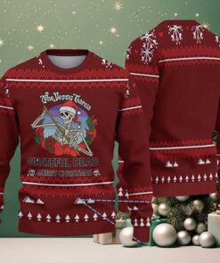 Maroon Grateful Dead Jerry Garcia Skeleton with Christmas Tree and Snowflake Pattern Vintage Ugly Christmas Sweater Maroon Grateful Dead Jerry Garcia Skeleton with Christmas Tree and Snowflake Pattern Vintage Ugly Christmas Sweater