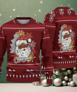 Maroon Merry Christmas Black Santa with Snowflake & Pine Tree Knit Pattern – Vintage Ugly Christmas Sweater