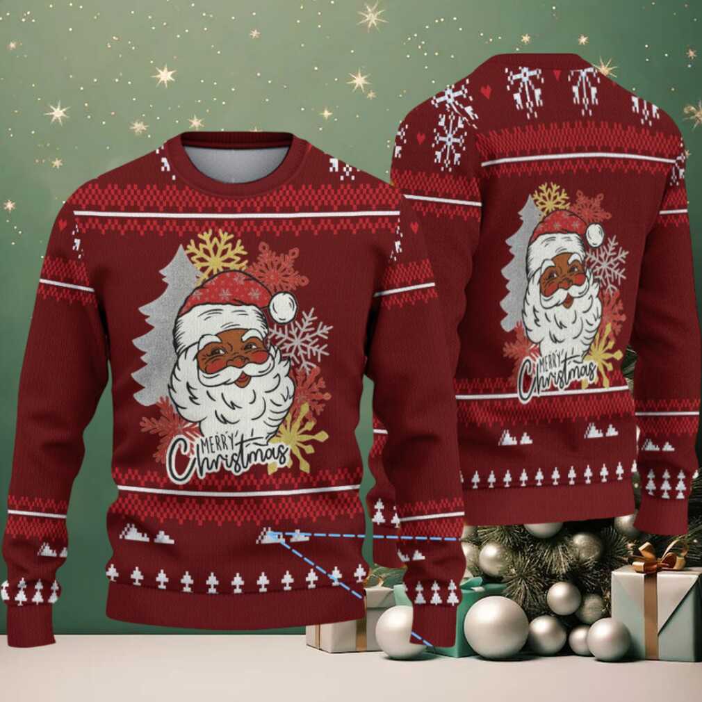 Maroon Merry Christmas Black Santa with Snowflake & Pine Tree Knit Pattern – Vintage Ugly Christmas Sweater Maroon Merry Christmas Black Santa with Snowflake & Pine Tree Knit Pattern – Vintage Ugly Christmas Sweater