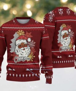 Maroon Merry Christmas Black Santa with Snowflake & Pine Tree Knit Pattern – Vintage Ugly Christmas Sweater