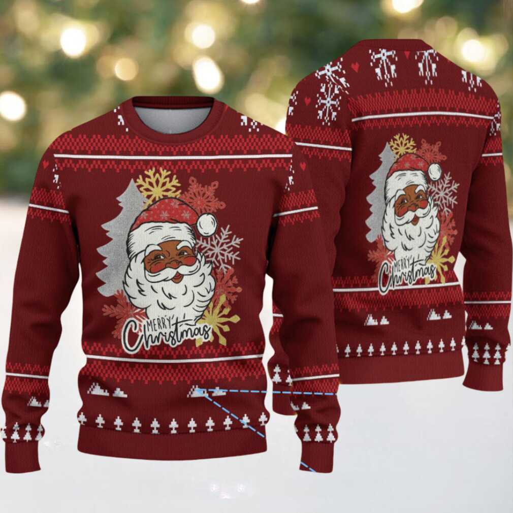 Maroon Merry Christmas Black Santa with Snowflake & Pine Tree Knit Pattern – Vintage Ugly Christmas Sweater Maroon Merry Christmas Black Santa with Snowflake & Pine Tree Knit Pattern – Vintage Ugly Christmas Sweater