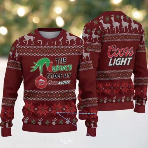 Maroon & Red Reindeer Pattern “The Grinch Stole My Coors Light” Ugly Christmas Sweater