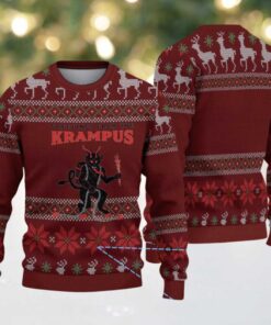 Maroon Reindeer and Snowflake Pattern “Greetings from the Krampus” Ugly Christmas Sweater