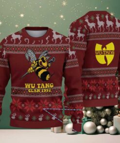 Maroon Reindeer and Snowflake Pattern “Wu Tang Clan 1992 Bee Logo” Ugly Christmas Sweater