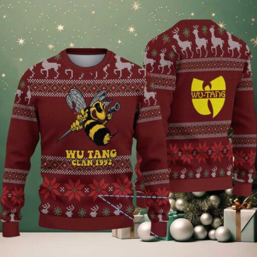 Maroon Reindeer and Snowflake Pattern “Wu Tang Clan 1992 Bee Logo” Ugly Christmas Sweater