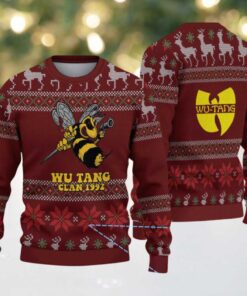 Maroon Reindeer and Snowflake Pattern “Wu Tang Clan 1992 Bee Logo” Ugly Christmas Sweater