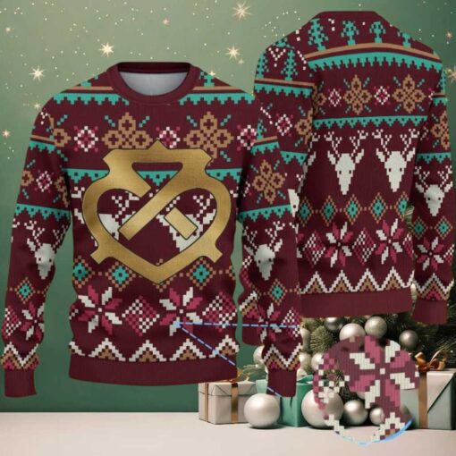 Maroon Ugly Christmas Sweater with Reindeer and Snowflake Pattern Featuring Chivas Logo