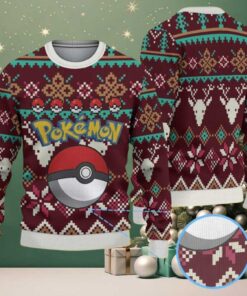 Maroon Ugly Christmas Sweater with Reindeer and Snowflake Patterns Featuring Pokémon Logo and Pokéball