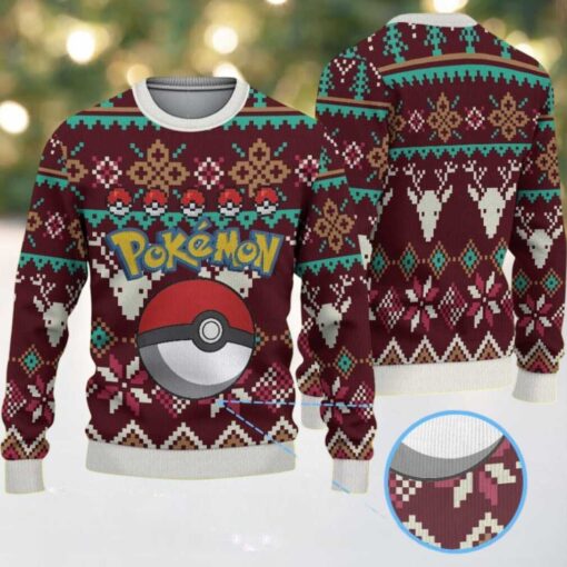 Maroon Ugly Christmas Sweater with Reindeer and Snowflake Patterns Featuring Pokémon Logo and Pokéball