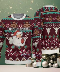 Maroon Ugly Christmas Sweater with Reindeer and Snowflake Patterns Featuring Santa Claus and Big Nick Energy Naughty Quote