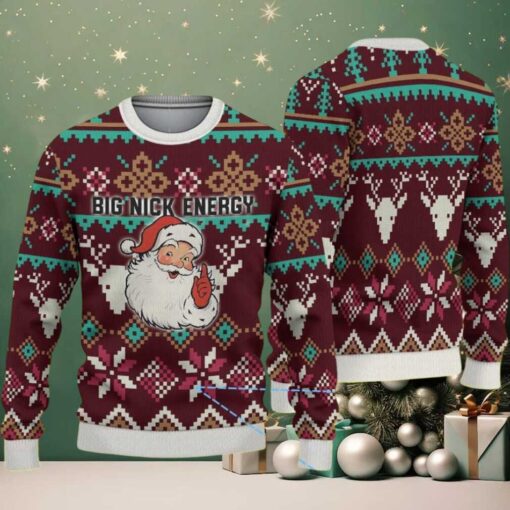 Maroon Ugly Christmas Sweater with Reindeer and Snowflake Patterns Featuring Santa Claus and Big Nick Energy Naughty Quote