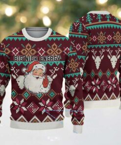 Maroon Ugly Christmas Sweater with Reindeer and Snowflake Patterns Featuring Santa Claus and Big Nick Energy Naughty Quote
