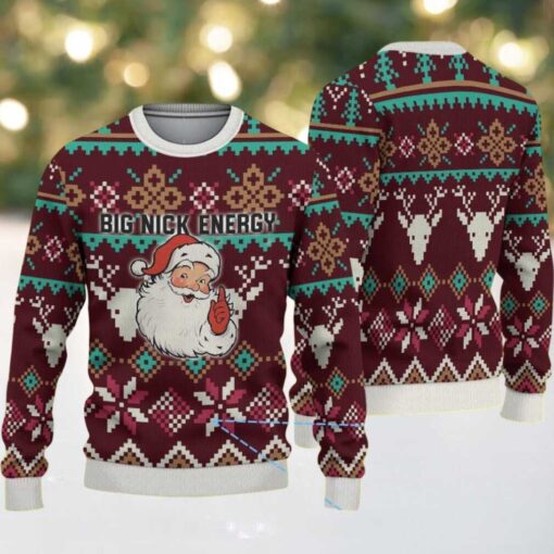 Maroon Ugly Christmas Sweater with Reindeer and Snowflake Patterns Featuring Santa Claus and Big Nick Energy Naughty Quote