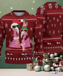 Maroon Ugly Christmas Sweater with White Snowflake and Tree Pattern Featuring Cool Pink Flamingos in Santa Hats