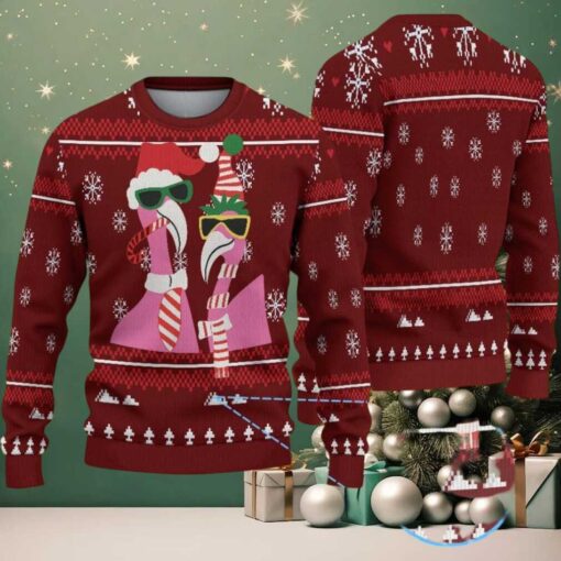 Maroon Ugly Christmas Sweater with White Snowflake and Tree Pattern Featuring Cool Pink Flamingos in Santa Hats