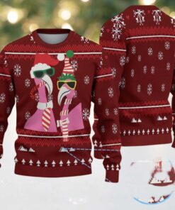 Maroon Ugly Christmas Sweater with White Snowflake and Tree Pattern Featuring Cool Pink Flamingos in Santa Hats