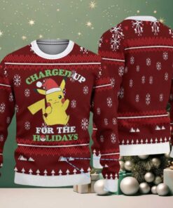 Maroon Ugly Christmas Sweater with White Snowflake and Tree Patterns Featuring Pokémon Pikachu in Santa Hat