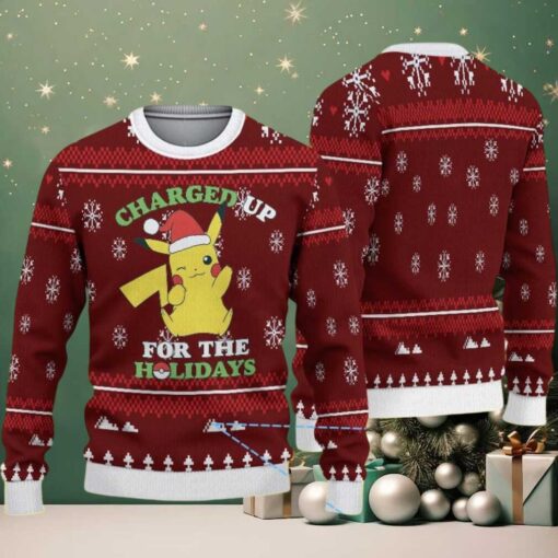 Maroon Ugly Christmas Sweater with White Snowflake and Tree Patterns Featuring Pokémon Pikachu in Santa Hat