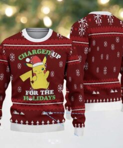 Maroon Ugly Christmas Sweater with White Snowflake and Tree Patterns Featuring Pokémon Pikachu in Santa Hat