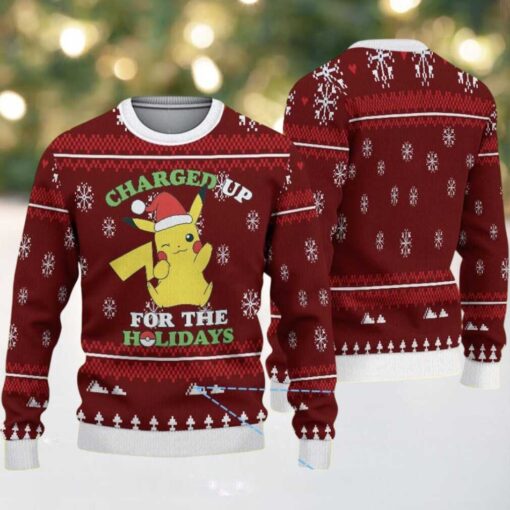 Maroon Ugly Christmas Sweater with White Snowflake and Tree Patterns Featuring Pokémon Pikachu in Santa Hat
