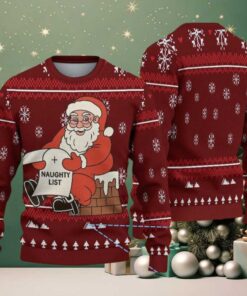 Maroon Ugly Christmas Sweater with White Snowflakes Featuring Santa Claus and Naughty List
