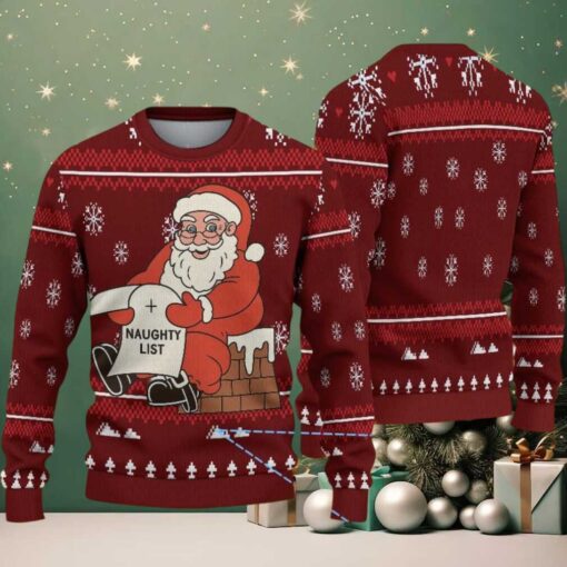 Maroon Ugly Christmas Sweater with White Snowflakes Featuring Santa Claus and Naughty List