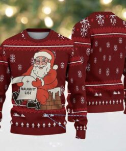 Maroon Ugly Christmas Sweater with White Snowflakes Featuring Santa Claus and Naughty List
