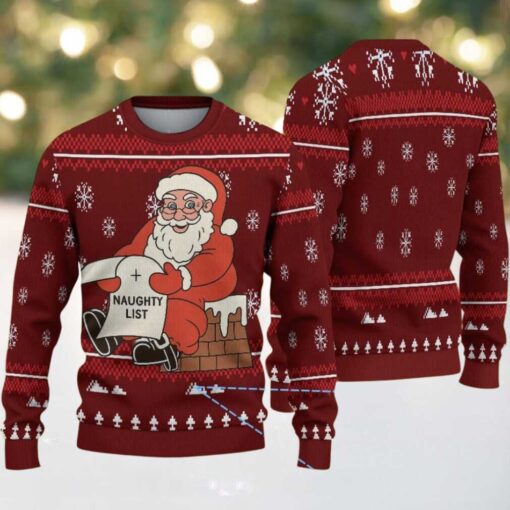 Maroon Ugly Christmas Sweater with White Snowflakes Featuring Santa Claus and Naughty List
