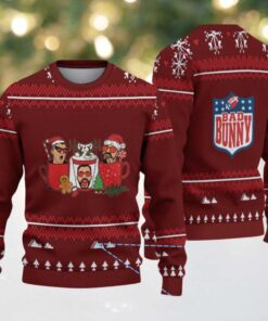 Maroon & White Nordic Tree Pattern “Bad Bunny Hot Cocoa Crew” Ugly Christmas Sweater