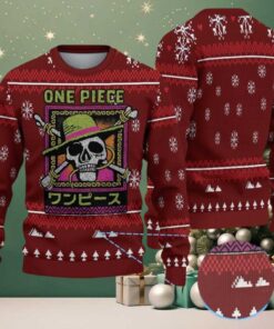 Maroon White Snowflake Tree Pattern One Piece Skull Logo Ugly Christmas Sweater