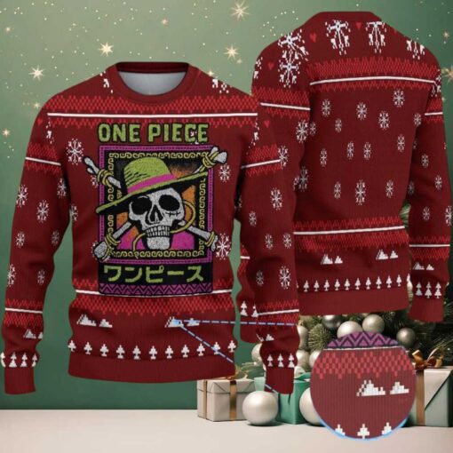Maroon White Snowflake Tree Pattern One Piece Skull Logo Ugly Christmas Sweater