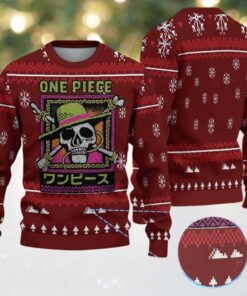 Maroon White Snowflake Tree Pattern One Piece Skull Logo Ugly Christmas Sweater
