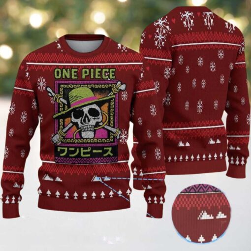 Maroon White Snowflake Tree Pattern One Piece Skull Logo Ugly Christmas Sweater