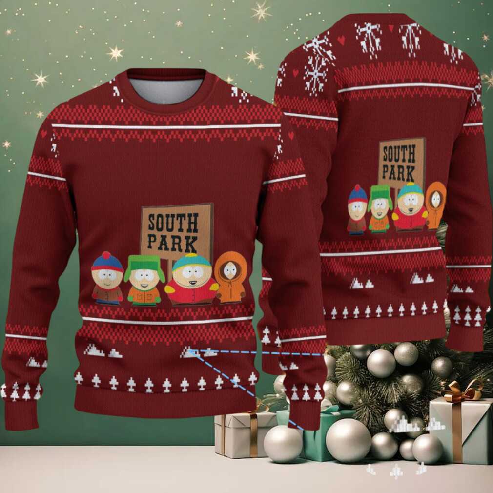 Maroon & White South Park Main Characters with Snowflake Tree Pattern – Vintage Ugly Christmas Sweater - Front View
