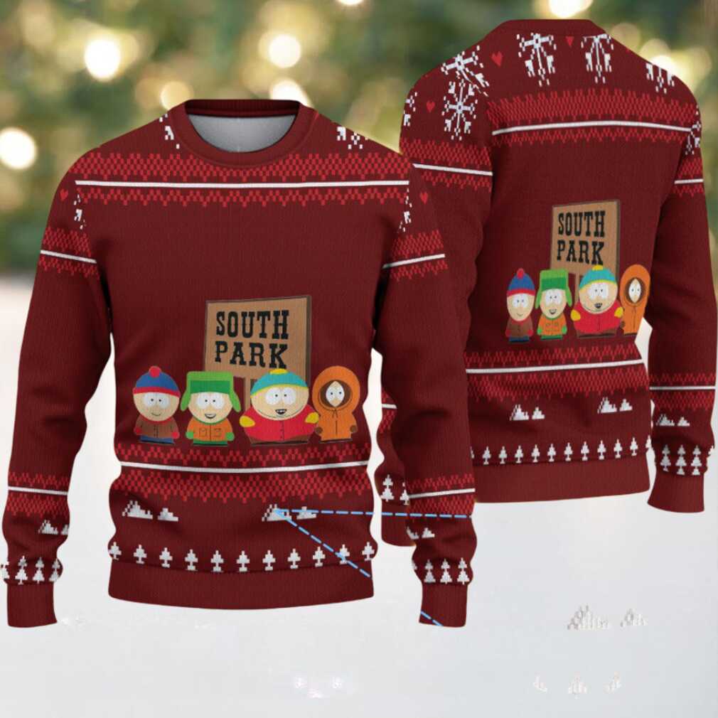 Maroon & White South Park Main Characters with Snowflake Tree Pattern – Vintage Ugly Christmas Sweater - Detail
