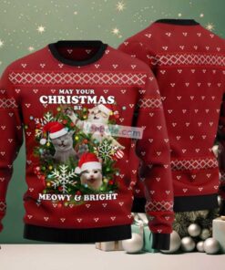 Meowy And Bright Xmas Wreath Ugly Christmas Sweater Red Funny Meowy And Bright Xmas Wreath Ugly Christmas Sweater Red Funny
