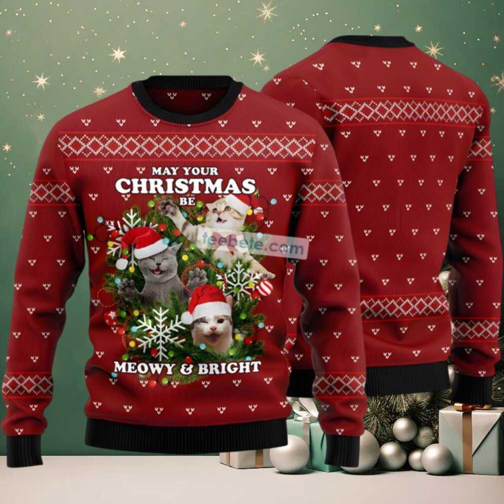 Meowy And Bright Xmas Wreath Ugly Christmas Sweater Red Funny Meowy And Bright Xmas Wreath Ugly Christmas Sweater Red Funny