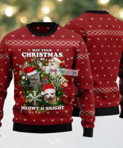 Meowy And Bright Xmas Wreath Ugly Christmas Sweater Red Funny