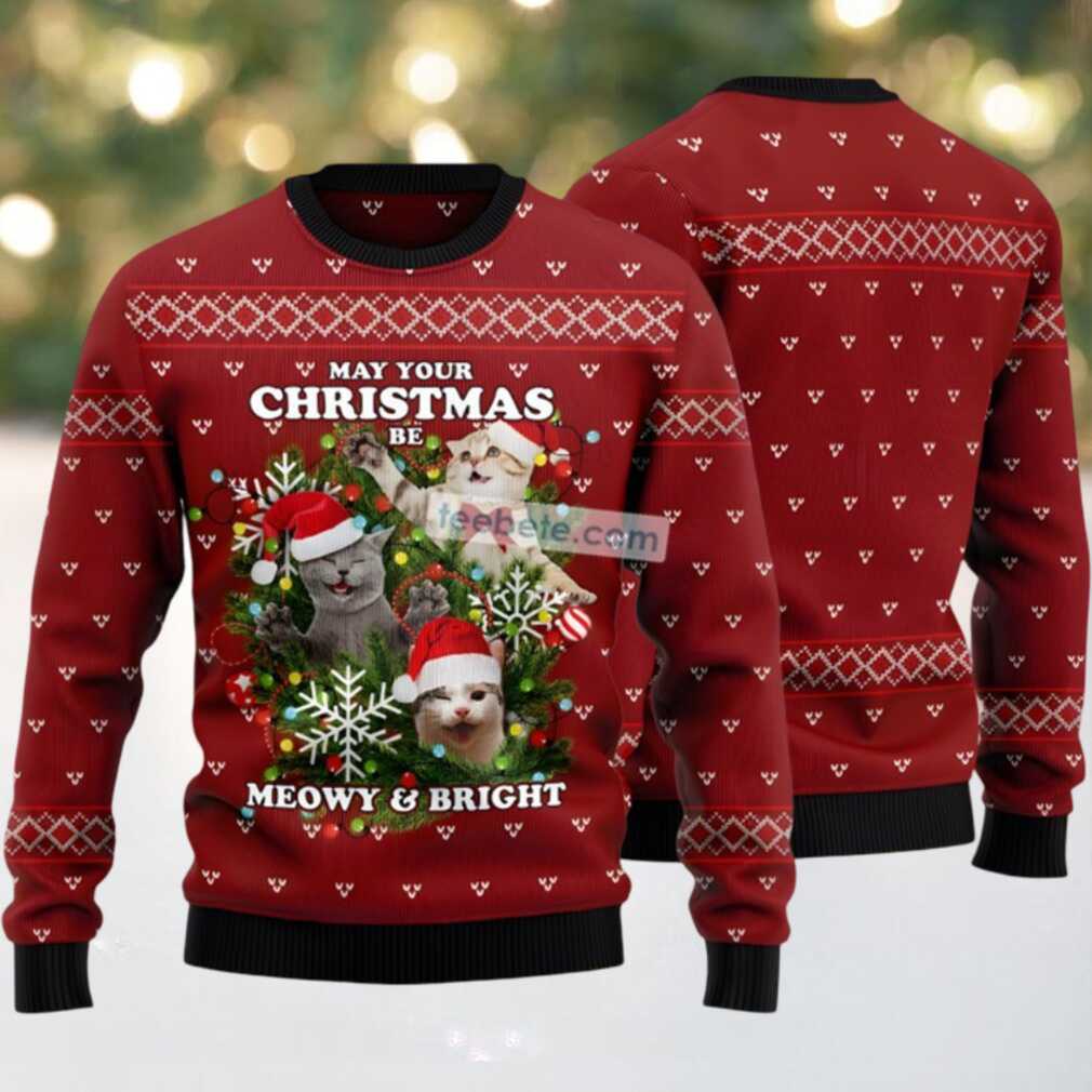 Meowy And Bright Xmas Wreath Ugly Christmas Sweater Red Funny Meowy And Bright Xmas Wreath Ugly Christmas Sweater Red Funny