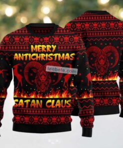 Merry Antichristmas Satan Claus Ugly Christmas Sweater Red Black Vacation