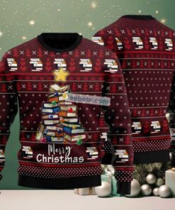 Merry Christmas Book Pine Tree Ugly Sweater Red