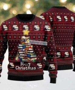 Merry Christmas Book Pine Tree Ugly Sweater Red, hoodie, sweater, long sleeve and tank top Merry Christmas Book Pine Tree Ugly Sweater Red