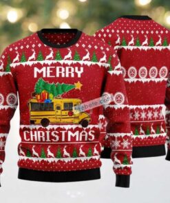 Merry Christmas Bus Bring Xmas Tree Ugly Christmas Sweater On Sale, hoodie, sweater, long sleeve and tank top Merry Christmas Bus Bring Xmas Tree Ugly Christmas Sweater On Sale