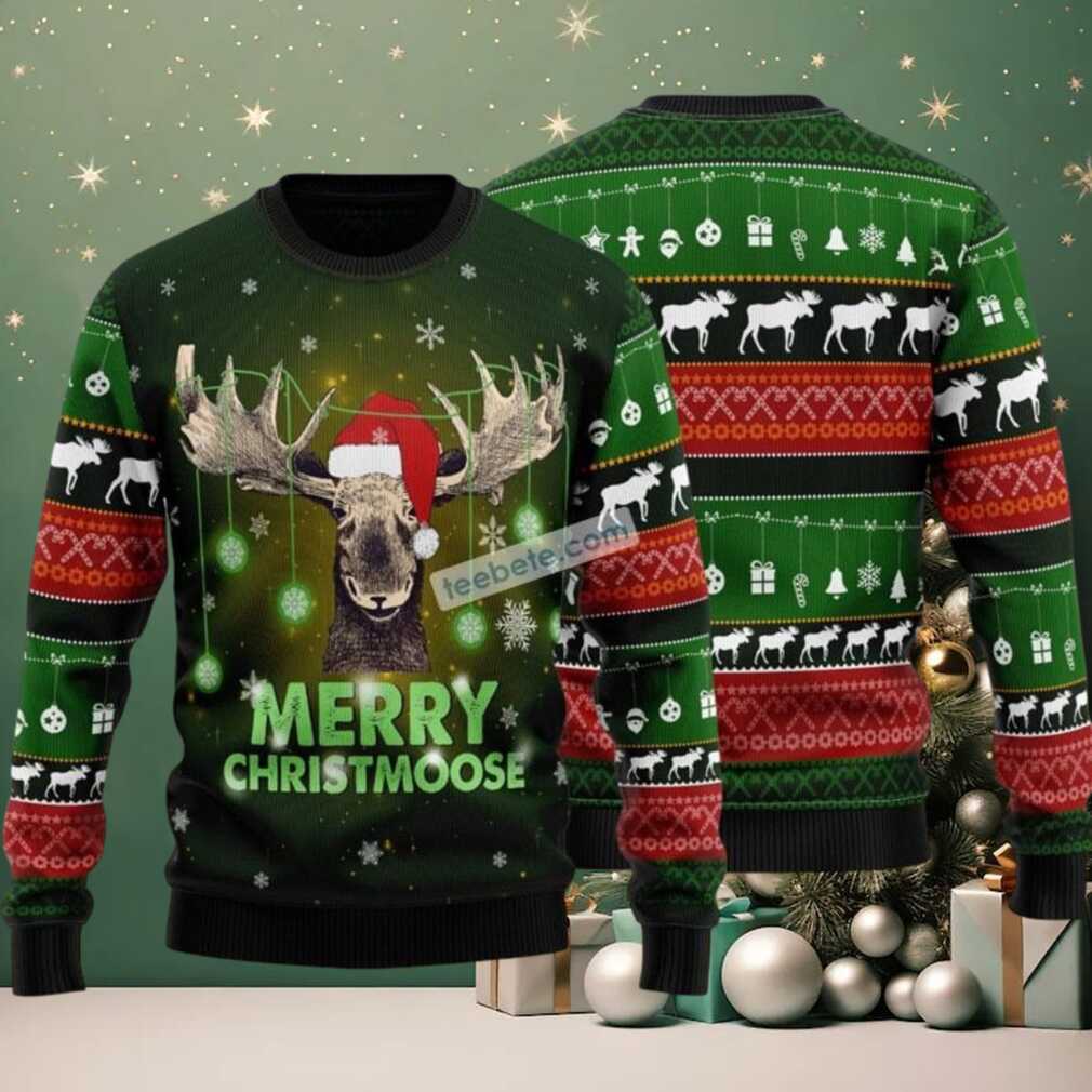 Merry Christmoose Reindeer Face Ugly Christmas Sweater Green Vintage Merry Christmoose Reindeer Face Ugly Christmas Sweater Green Vintage