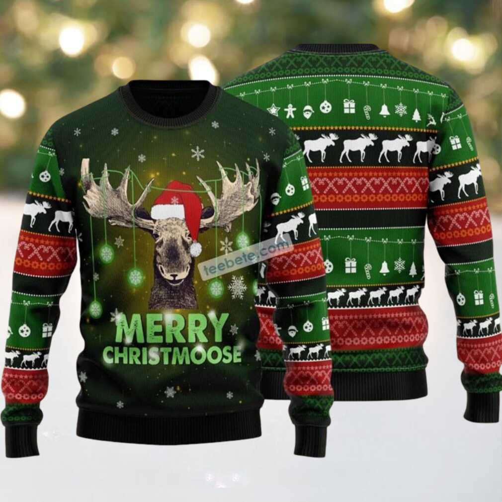 Merry Christmoose Reindeer Face Ugly Christmas Sweater Green Vintage Merry Christmoose Reindeer Face Ugly Christmas Sweater Green Vintage