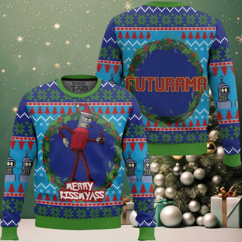 Merry Kissmyass Futurama Ugly Christmas Sweater, hoodie, sweater, long sleeve and tank top Merry Kissmyass Futurama Ugly Christmas Sweater - Front View