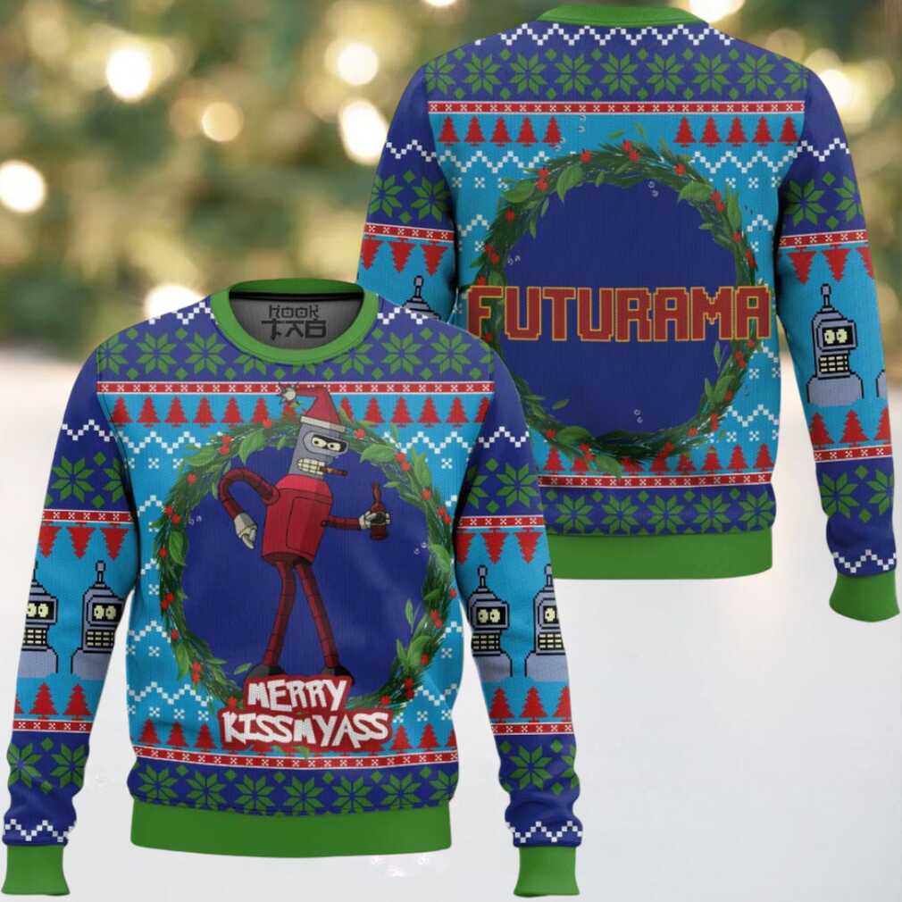 Merry Kissmyass Futurama Ugly Christmas Sweater, hoodie, sweater, long sleeve and tank top Merry Kissmyass Futurama Ugly Christmas Sweater - Back View